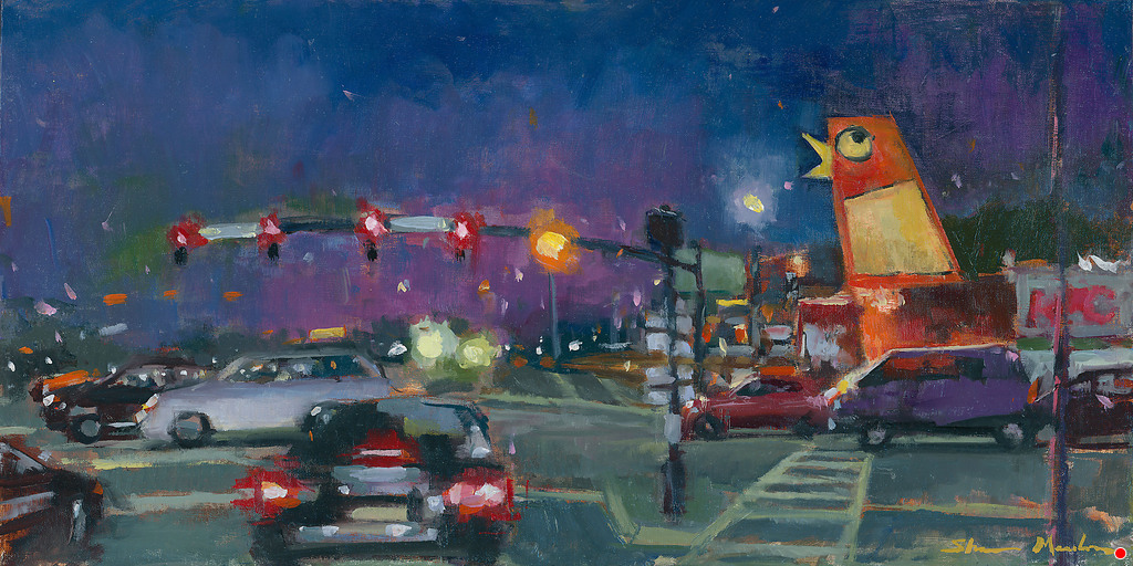 landscape painting of an intersection with the Big Chicken by Shannon Meadows
