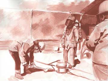 india ink wash drawing of forge workers