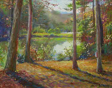 impressionistic painting of pine trees filter the light coming from Blackberry Mountain pond, Ellijay, GA
