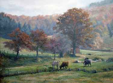 oil landscape of trees, golden grasses, and rock cliff overlooking the Hiawassee River valley