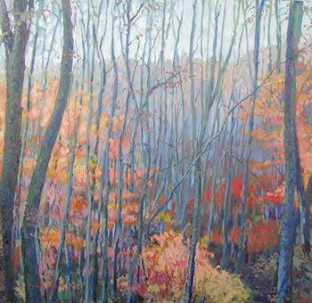 painting looking through long tree trunks of a mountain forest in autumn
