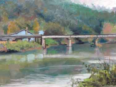 painting of a distant trestle bridge over the Hiawassee River