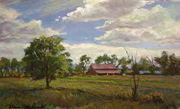 painting of a barn on a Southwestern American prairie with a blue sky and white clouds