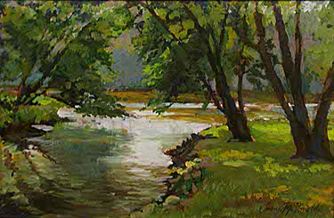 plein air painting of an inlet cove of the Rock River in Rock Island, IL