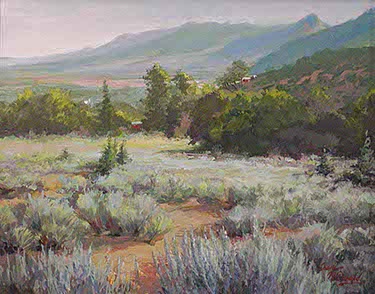 painting of sage brush with a view over Taos, NM