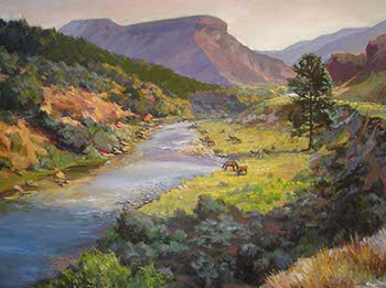 painting of an overlook of the Rio Grande river with horses and a mountainous backdrop