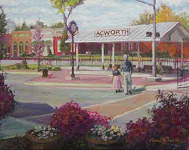 plein air landscape painting of the depot at Acworth, GA