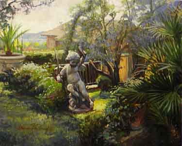 garden painting with statue of cupid