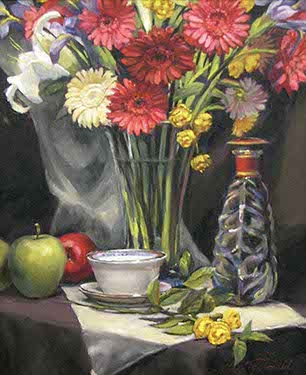 still life painting of flower arrangement with red and white Gerber daisies