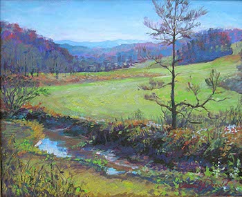 painting of a tree along a stream with a pasture and mountain backdrop