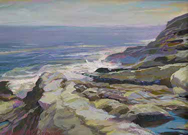 painting of rocky shore of Pemaquid Point, ME