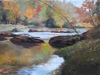 painting of an autumn tree line along a stream with boulders