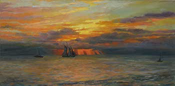 painting of a sunset beyond a schooner sailboat