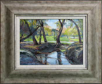 oil painting of live oaks reflecting along a stream in St. Simons Island, GA