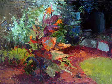 palette knife painting of a cana lily in a garden by artist Shane McDonald