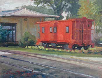 oil painting of a red caboose in Calhoun, GA