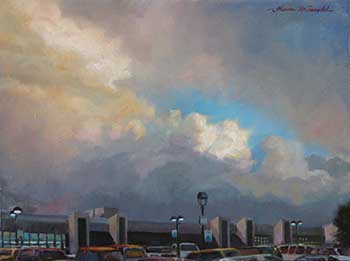 painting of sun setting on storm clouds over Atlanta Airport