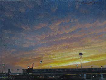 painting of sun setting on altocumulus clouds over Atlanta Airport