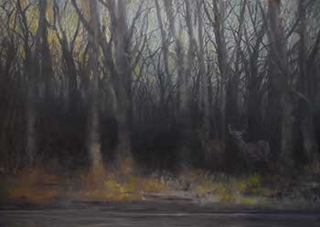 painting of a dark forest landscape with deer on the edge