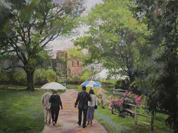 landscape of a group of two couples with umbrellas walking down a path toward old plantation ruins
