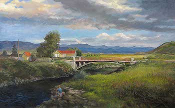 landscape painting of a bridge over Culebra Creek, Colorado