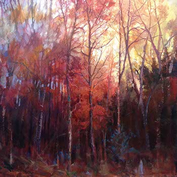 painting of a red tree among autumn trees