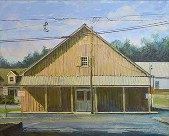 painting of the face of an old store with shoes hanging from electric wires