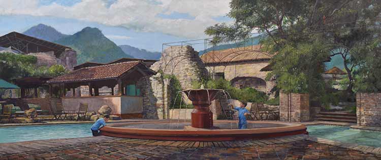 painting of children playing in a fountain with a backdrop of mountains and volcanoes