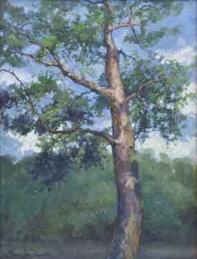 painting of a sunlit tree with backdrop of the Chattahoochee River and a blue sky