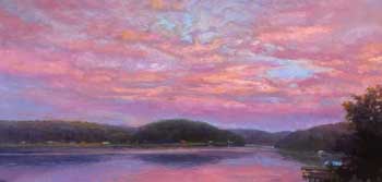 painting of a pink sunset reflecting over a lake