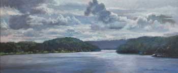 painting of Lake Weiss after a storm with silver clouds in cool light