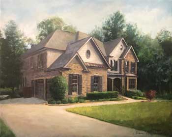 landscape painting of a home from the point of view of the driveway