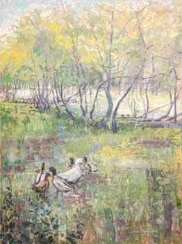 acrylic painting of a pond surrounded by trees with ducks in the foreground