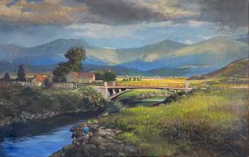 landscape painting of a bridge over Culebra Creek, Colorado