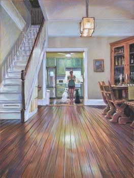pastel painting of interior showing woman treating her two dogs in a kitchen