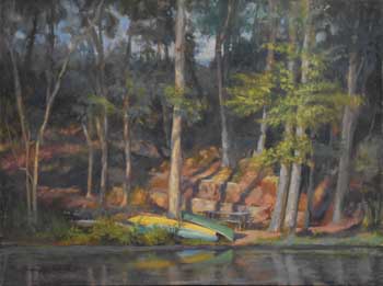 painting of canoes on the bank of a pond at Barnsley Gardens, GA