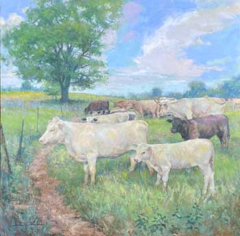 painting of cows on the side of a pasture hill
