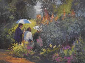 a small group of people stroll through gardens carrying umbrellas