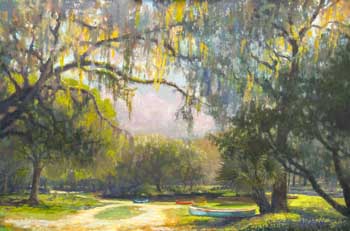 painting of canoes parked around a lake surrounded by live oak trees with spanish moss
