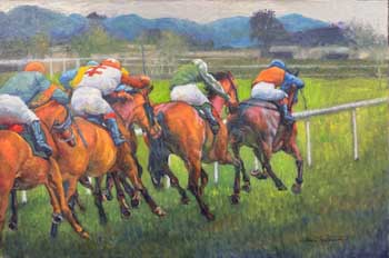 painting of thoroughbred race horses galloping the back stretch on a grass track before a mountain backdrop