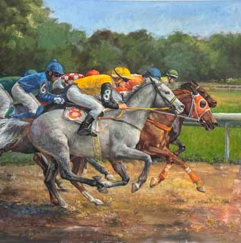 painting of thoroughbred race horses adorned with  rainbow colored jockeys
