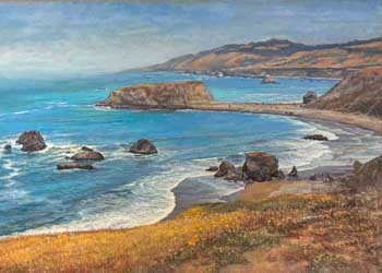 painting of a California coastline with a rocky beach from a high vantage point