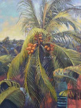 painting of a view looking up the trunk of a palm tree