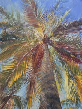 painting of a view looking up the trunk of a palm tree