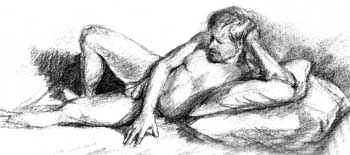 drawing of a nude male reclining on his side propping his head with his hand