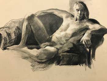 charcoal drawing of a reclining male model