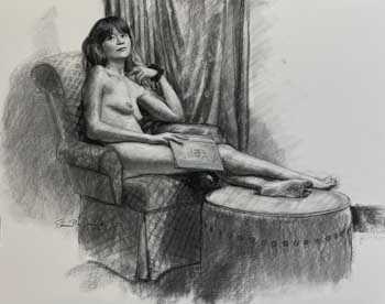charcoal drawing of a nude Asian woman contemplating art history by Shane McDonald