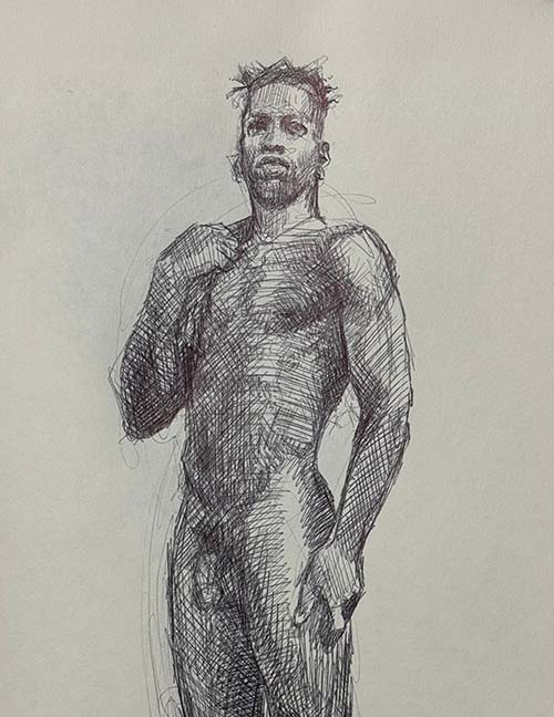 ink drawing of a standing male art model from below