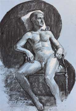 drawing of seated male nude with white pillow
