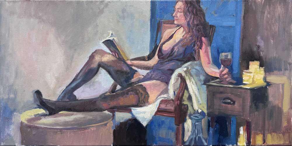 painting progress images of seated female art model with red-orange background